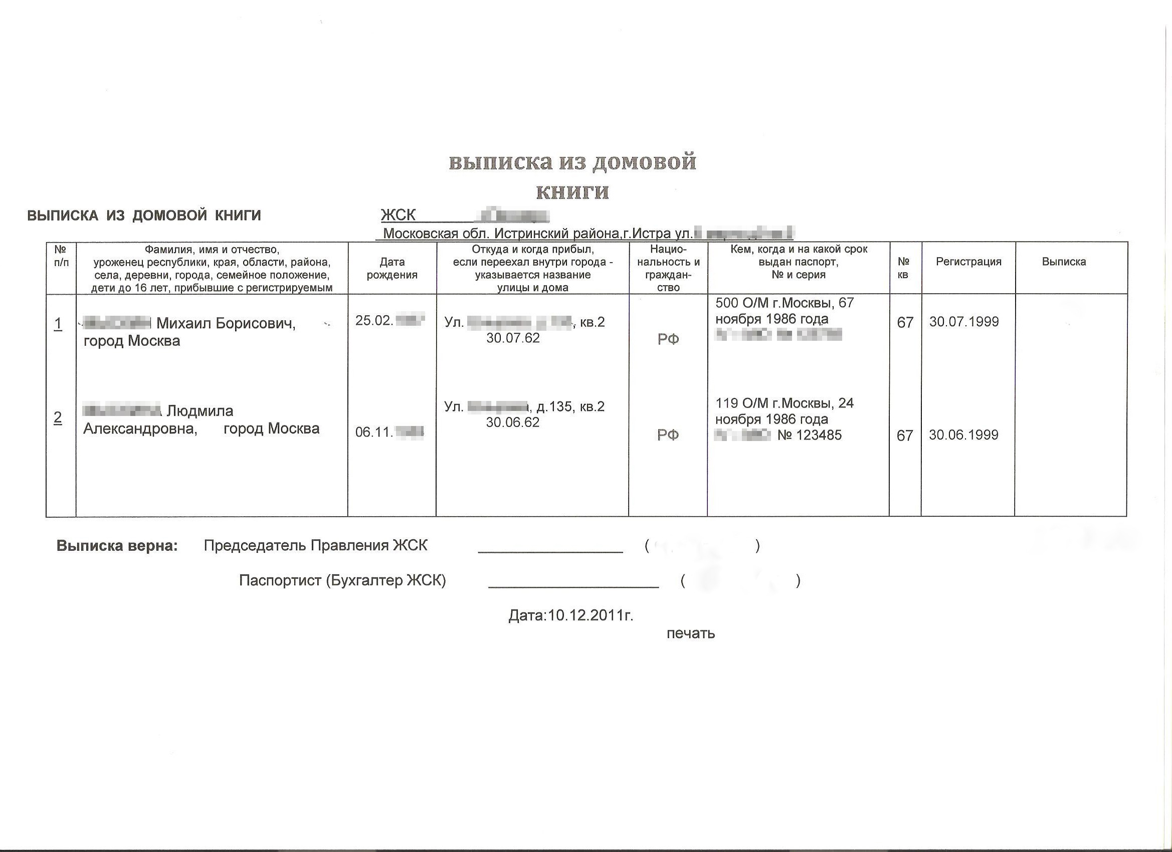 выписка из домовой книги